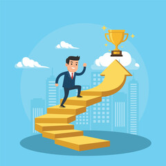 Businessman Climbing Golden Stairs Toward Success and Achievement Trophy, Vector Illustration