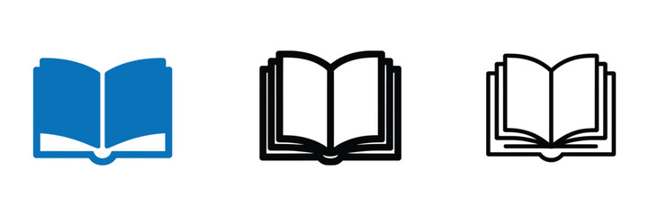 open book icons collection with minimalist outline designs, clean monochrome symbols,
