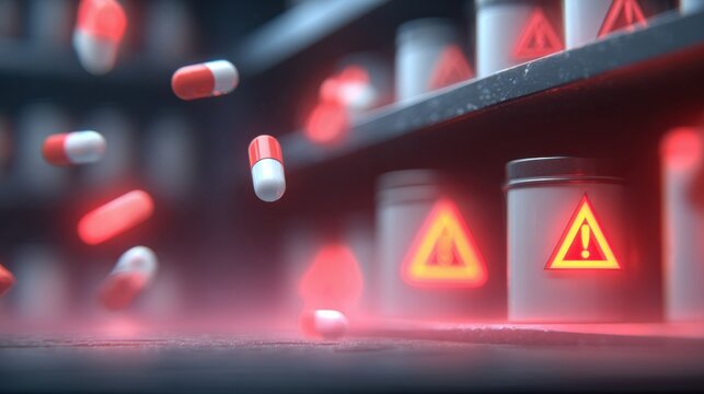Animated Pills Drop From Shelf With Warning Signs in a Bright, Colorful Setting Without Any Open Containers Nearby