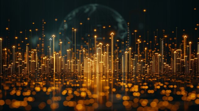 Global economic growth illustrated  upward arrows and glowing earth for 2026 chinese new year fairs