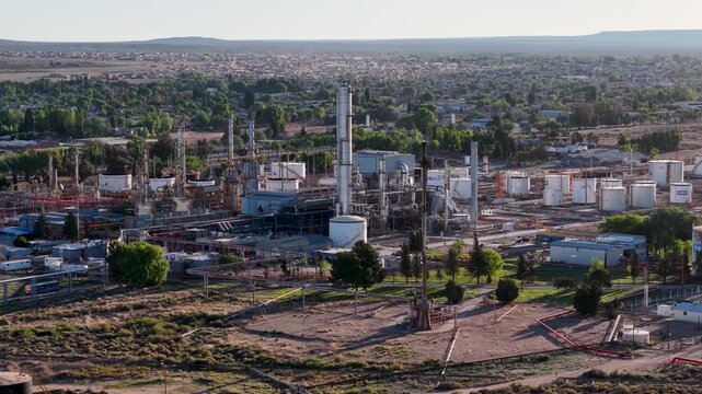 Plaza Huincul, Argentina, October 19, 2025: Aerial view of the "Plaza Huincul" oil refinery. It processes unconventional oil from Vaca Muerta.