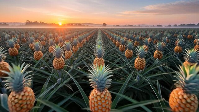 Sunrise over vast pineapple plantation rows lush green leaves golden fruit sunrise glow 4K Ai HD high quality video.
