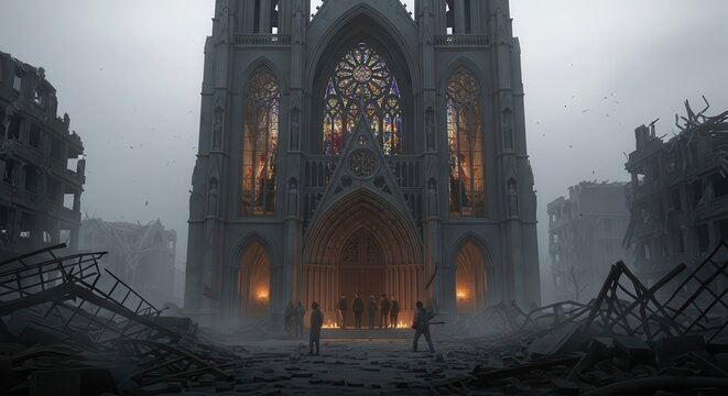 Grand gothic sanctuary stands amid surrounding urban devastation under a somber sky