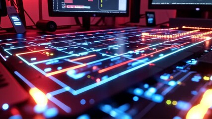 Futuristic digital interface glowing with neon blue and red lines data streams , Abstract AI circuit with glowing digital code, Futuristic neon tech visual interface. - Powered by Adobe