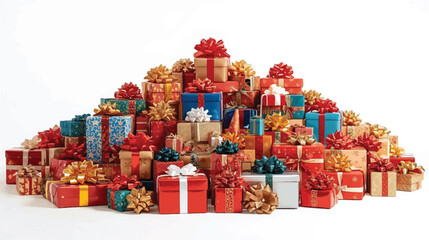 A huge, colorful mountain of beautifully wrapped gift boxes with festive ribbons, stacked high for a celebration, isolated on a white background