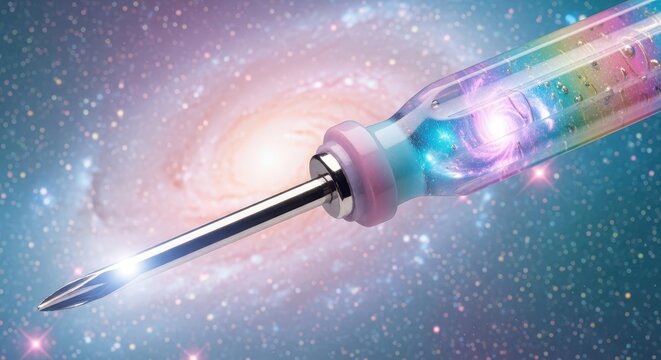 Transparent handled tool containing swirling colorful nebula imagery floats against a distant galaxy background