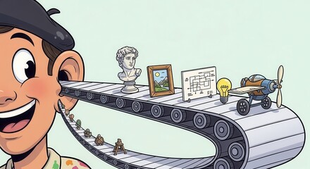 Cartoon depiction shows diverse concepts entering a person's auditory canal via a continuous conveyor system