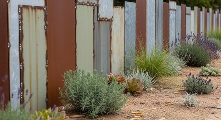 Rustic metal fence and desert garden plants, with textured rusty and galvanized panels, creating a modern landscaping design element.