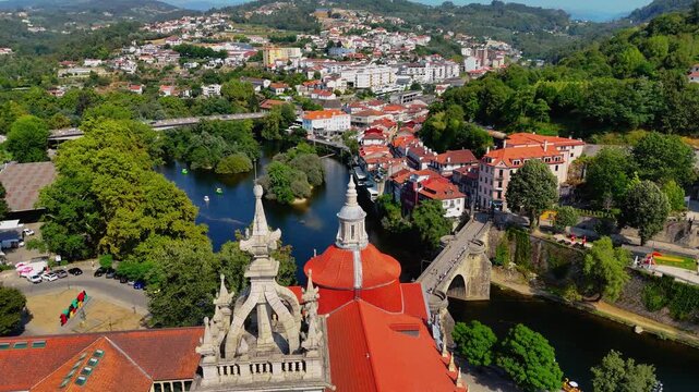 Amarante, Portugal from Above &ndash; Cinematic Drone View of Historic Bridge, Old Town and Riverside Landscape. Portugal Landmarks