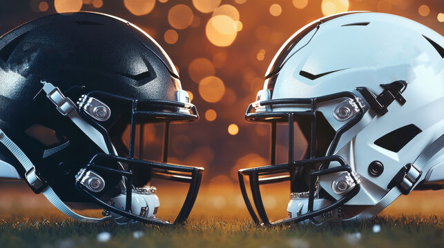 American football helmets facing off on grassy field with bokeh lights background