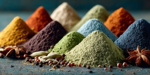 Colorful spice powders creating culinary flavor concept