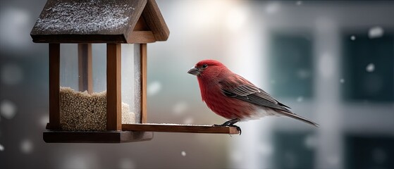 House finch feeding on bird seed from clear winter feeder with snow atop in outdoor setting