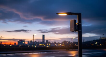 5G antenna attached to a smart street light pole with a city skyline in the background at dusk. Infrastructure for modern communication network.