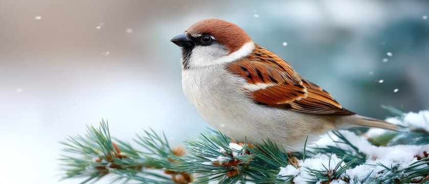 Cute sparrow bird perched on a winter pine tree branch during snowfall in a serene forest setting with soft-focus background