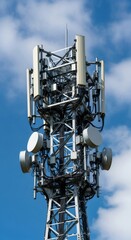 Communication tower with 5G technology against blue sky and clouds. Data transmission for internet of things and wireless network infrastructure.