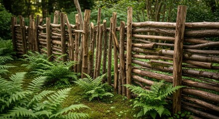 Rustic wooden fence made of natural branches in a lush forest with green ferns and moss. Natural boundary or garden design element.