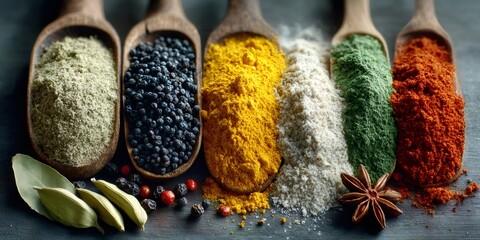 Various colorful spices and herbs on wooden spoons
