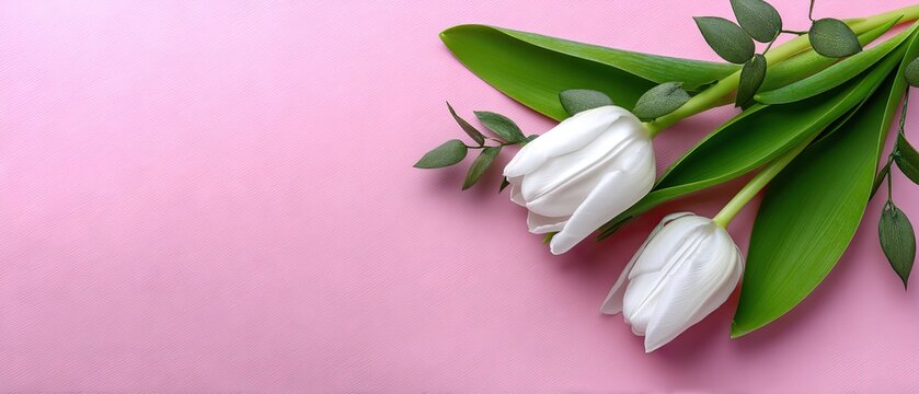 White tulips arranged beautifully on a pink background, showcasing a delicate floral composition perfect for spring events and invitations