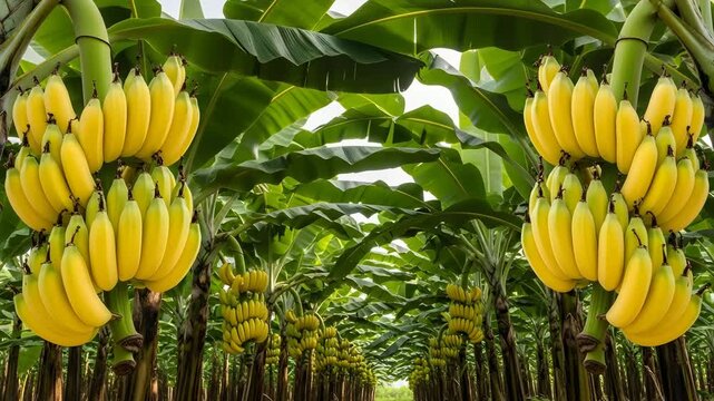 Lush Banana Plantation Rows Ripe Yellow Fruit Hanging Abundant Tropical Grove 4K Ai HD high quality video.
