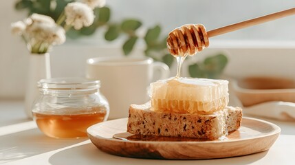 Organic honey cascading over a multigrain loaf on a wooden platter, illuminated by morning sunshine.