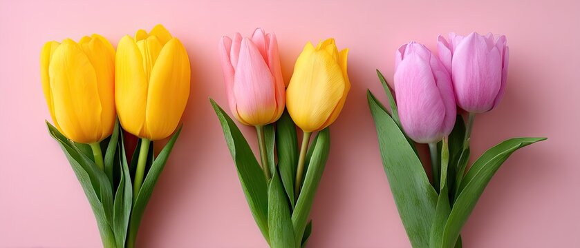 Bright tulips arranged elegantly on a soft pink background create a minimalistic and beautiful display for spring celebrations or events