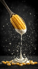 Corn spoon dipping into creamy vegan yogurt, showcasing a healthy and sustainable snack option for all.