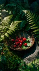 Tray made from leaves filled with fresh berries, illuminated by sunlight filtering through lush ferns.
