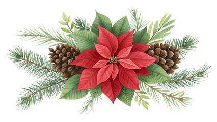 A festive Christmas garland features green evergreen branches, natural pinecones, and vibrant red berries, isolated on a transparent PNG background.