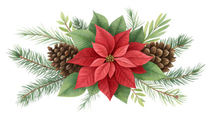 A festive Christmas garland features green evergreen branches, natural pinecones, and vibrant red berries, isolated on a transparent PNG background.
