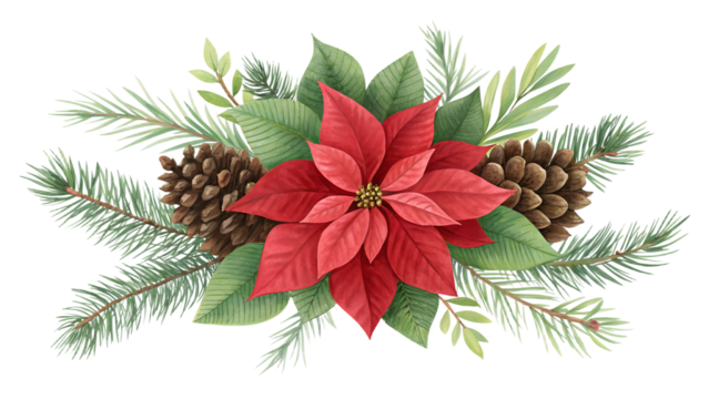 A festive Christmas garland features green evergreen branches, natural pinecones, and vibrant red berries, isolated on a transparent PNG background.
 - Powered by Adobe