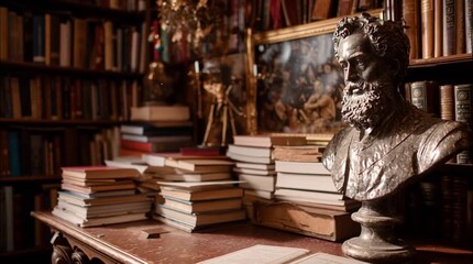 Quiet library corner featuring bust of Shivaji Maharaj and shelves of history books, creating a peaceful academic atmosphere