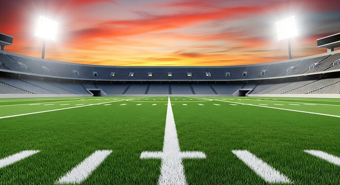 Vast empty football stadium illuminated by bright stadium lights under a dramatic fiery sunset sky creating an atmospheric and epic scene