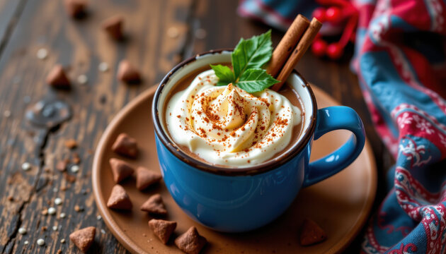 Whipped cream topped hot chocolate in blue mug with cinnamon sticks and mint leaf on brown plate with chocolate chips