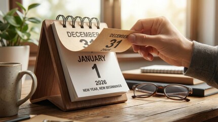 Obraz premium Hand turning a desk calendar page from december 31, 2025, to january 1, 2026, symbolizing a fresh start, new beginning, and time passing on a rustic wooden table with office accessories
