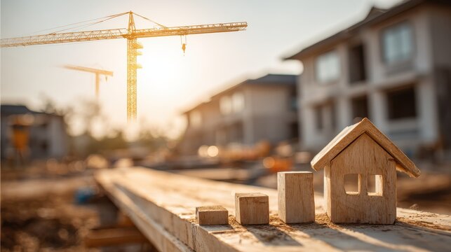 Wooden model houses on wooden log with construction crane in background, representing growth and development in housing and real estate industry