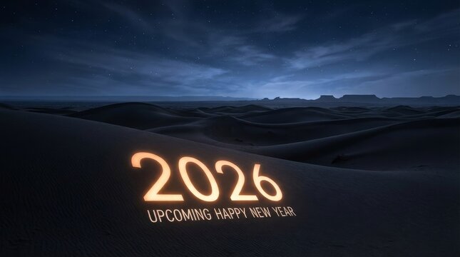 Glowing orange numerals 2026 illuminate sand dunes under a clear starry night, evoking hopeful new year beginnings, future possibilities and serene desert celebration