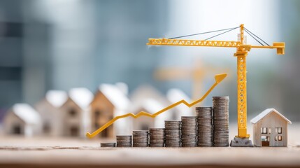Construction crane with coins and model houses depicting growth in real estate investment and finance in an urban environment