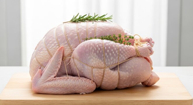 Raw turkey trussed and ready for roasting, with herbs on a wooden cutting board.