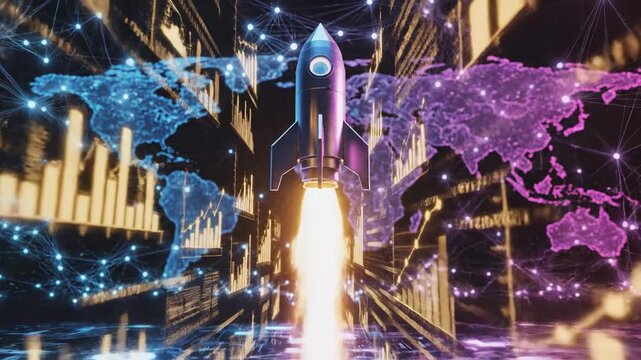 Conceptual digital rocket launching over a world map with financial data