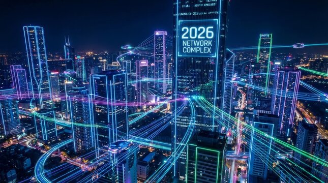 Futuristic smart city at night with glowing data lines and flying vehicles linking skyscrapers, highlighting ai-driven networks, seamless connectivity and intelligent urban infrastructure