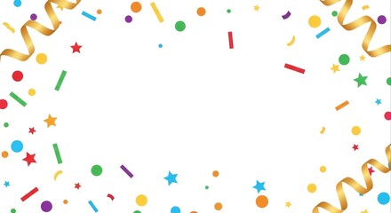 Dynamic explosion of colorful confetti and shimmering golden streamers forming a festive frame for joyful celebrations