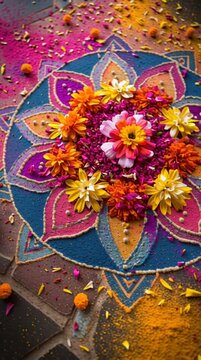 Rangoli design featuring the Rajmudra seal crafted from vibrant flowers and colored powders on a stone floor during a festive celebration