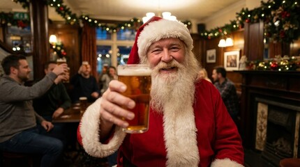 Santa claus holds a pint of beer, smiling directly at the camera while cheering with blurred people in the background, celebrating christmas in a traditionally decorated pub