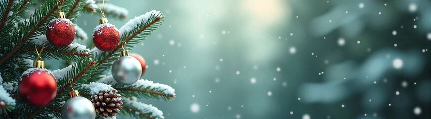 Snow-dusted fir branches adorned with red and white baubles and pinecones against soft green bokeh backdrop with falling snow.
