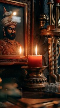 Traditional Samai lamp glows beside Shivaji Maharaj portrait in a serene setting
