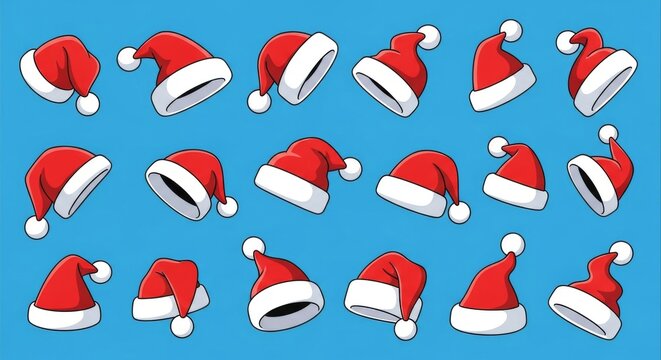Collection of Red Christmas Santa Hats with White Pom-Poms on a Blue Background