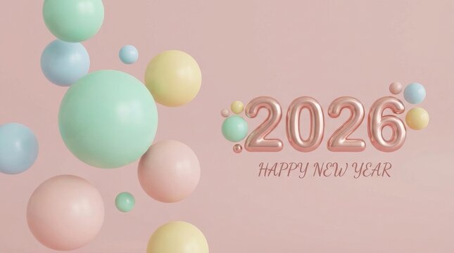 Rose gold 2026 numerals on a pastel pink background with floating mint, blue and yellow spheres for a minimal, elegant new year celebration and festive abstract greeting