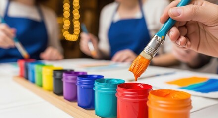 Close up of hand dipping paintbrush with orange paint into jar during colorful art class activity