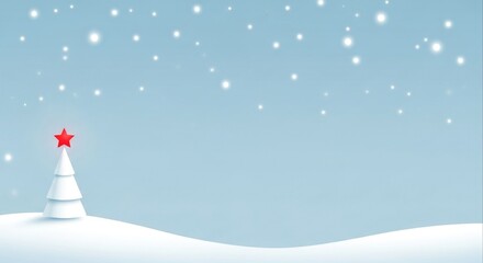 Elegant winter design with a small white Christmas tree and falling snowflakes on a light blue background, perfect for festive greetings and celebrations