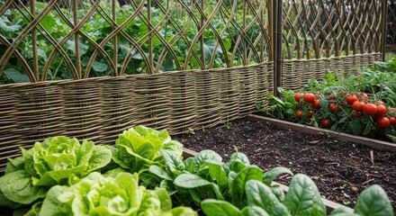 Fresh vegetable garden with growing lettuce, spinach, and tomatoes. Organic produce concept for healthy eating background. Sustainable agriculture and home gardening.